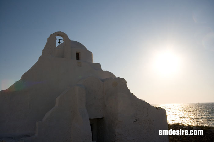 ギリシャ風景写真＠ミコノス島　パラポルティアニ教会の夕日